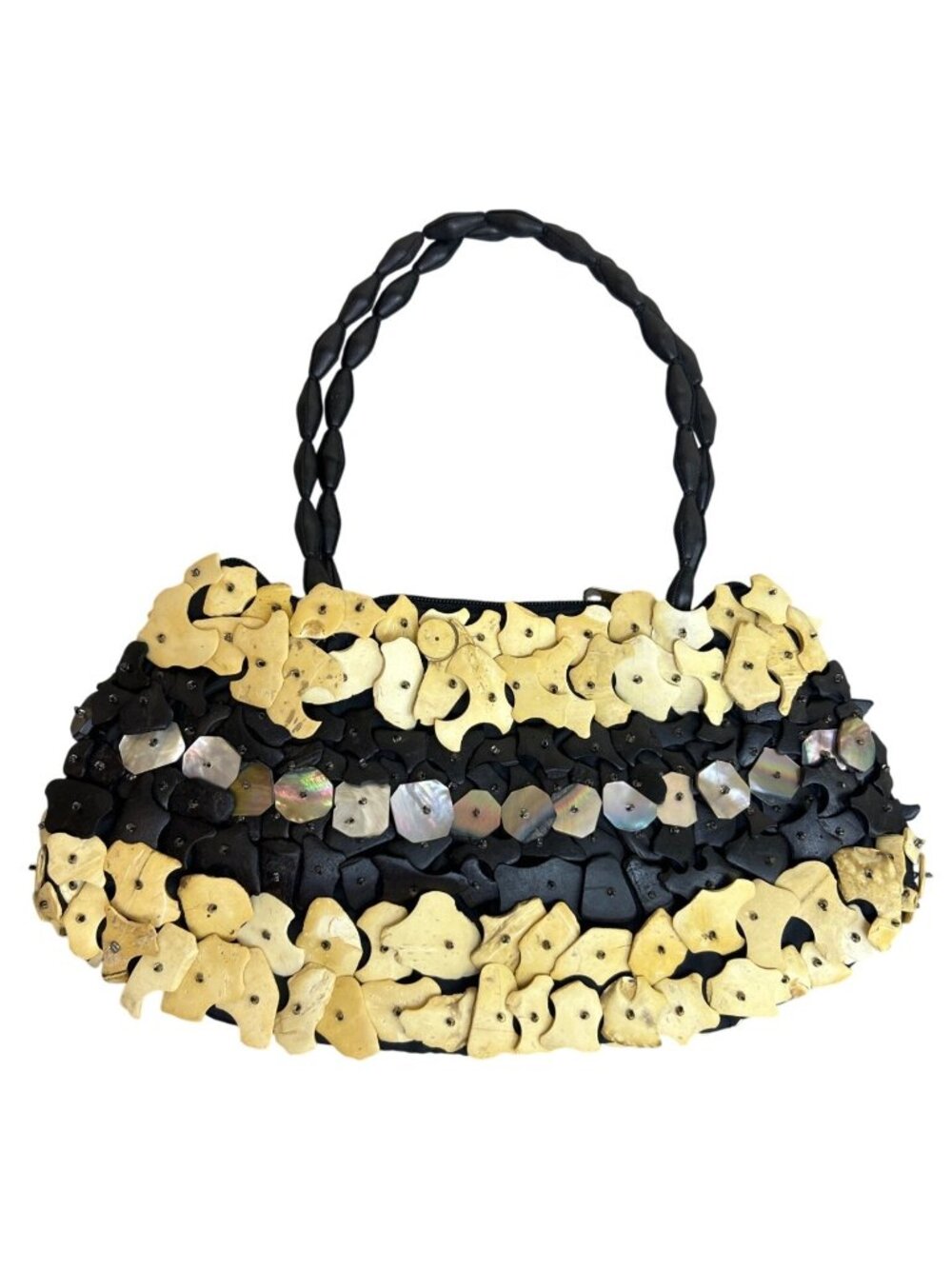 Handmade Woven Bag Black Beige Iridescent Shells Wood Boho Beach Casual Purse - Picture 2 of 11